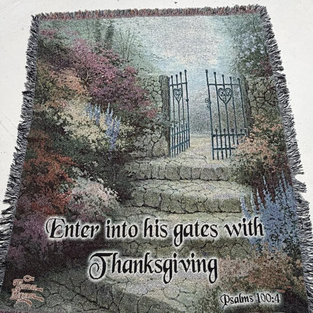 Thomas Kinkade Tapestry Wall Hanging Enter Gates Thanksgiving Bible Verse Psalms